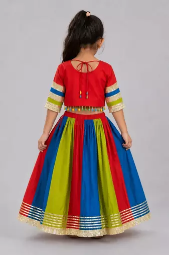 Multicolor cotton embroidered  mirror work kids lehenga choli