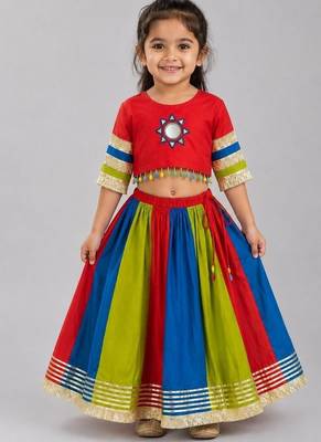 Multicolor cotton embroidered  mirror work kids lehenga choli 1