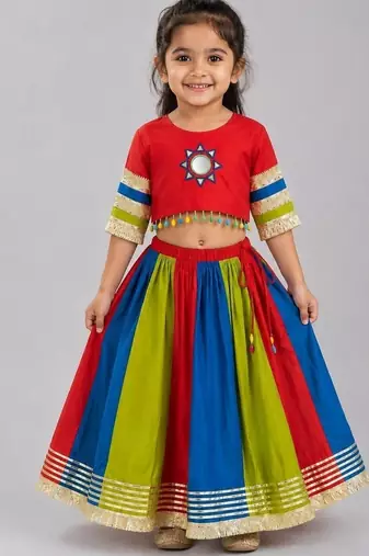 Multicolor cotton embroidered  mirror work kids lehenga choli