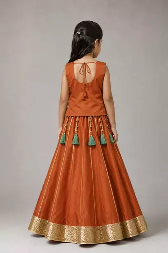 Orange cotton embroidered  mirror work kids lehenga choli