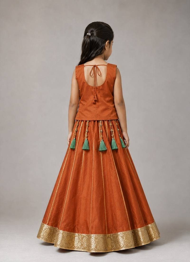 Orange cotton embroidered  mirror work kids lehenga choli