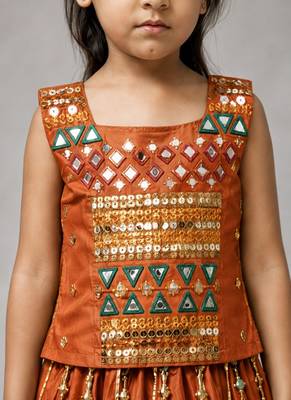 Orange cotton embroidered  mirror work kids lehenga choli 4