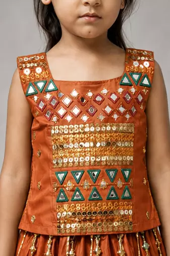 Orange cotton embroidered  mirror work kids lehenga choli