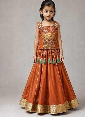 Orange cotton embroidered  mirror work kids lehenga choli 1