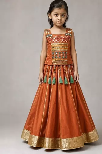 Orange cotton embroidered  mirror work kids lehenga choli