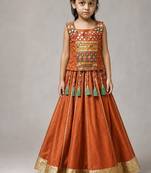 Orange cotton embroidered  mirror work kids lehenga choli