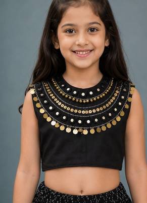 Black cotton embroidered  mirror work kids lehenga choli 2