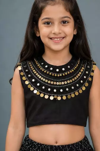 Black cotton embroidered  mirror work kids lehenga choli
