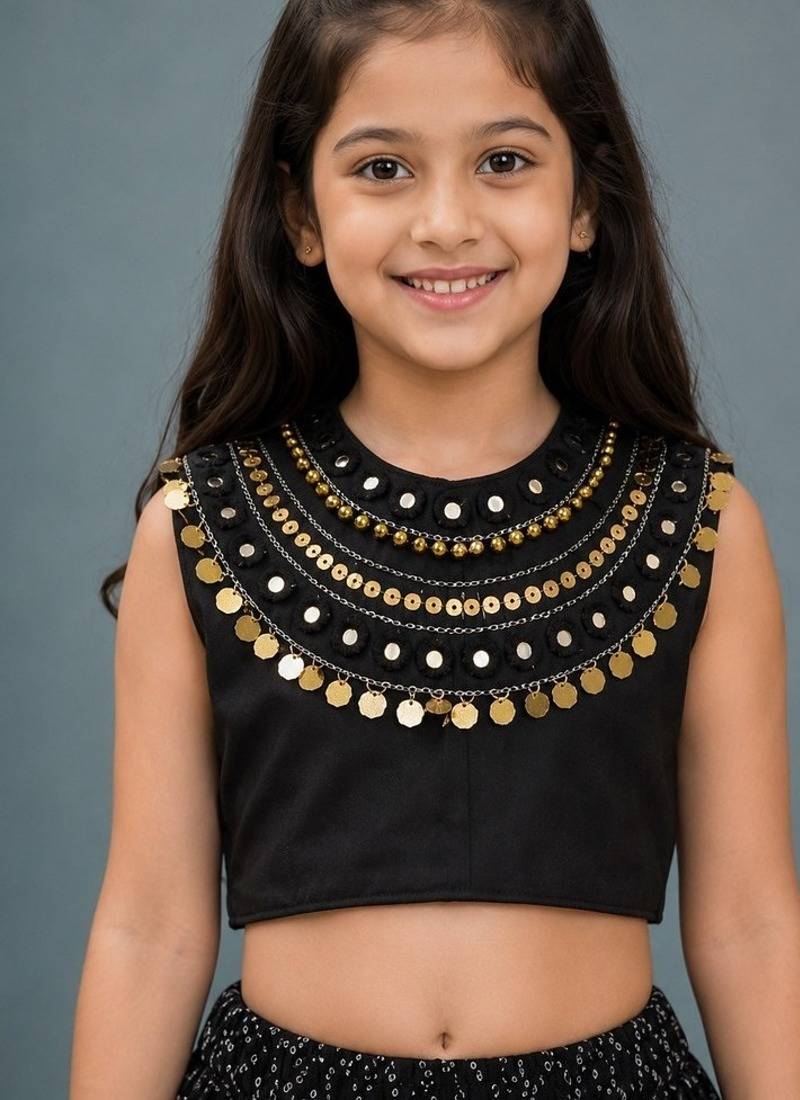 Black cotton embroidered  mirror work kids lehenga choli