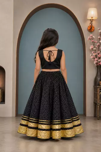 Black cotton embroidered  mirror work kids lehenga choli
