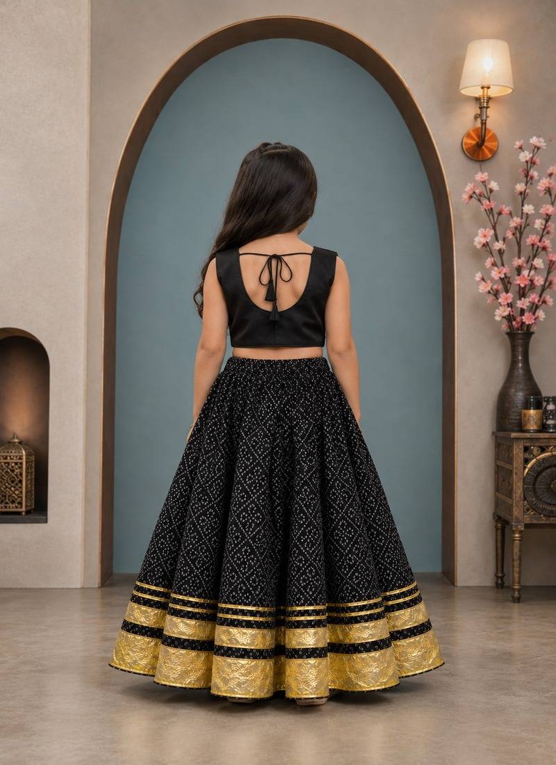 Black cotton embroidered  mirror work kids lehenga choli