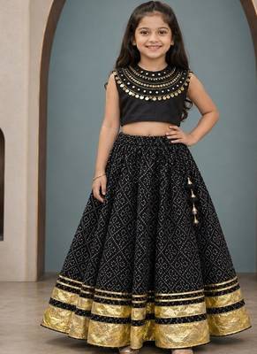 Black cotton embroidered  mirror work kids lehenga choli 1
