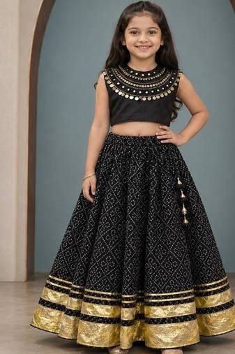 Black cotton embroidered  mirror work kids lehenga choli