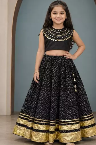 Black cotton embroidered  mirror work kids lehenga choli