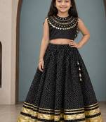 Black cotton embroidered  mirror work kids lehenga choli