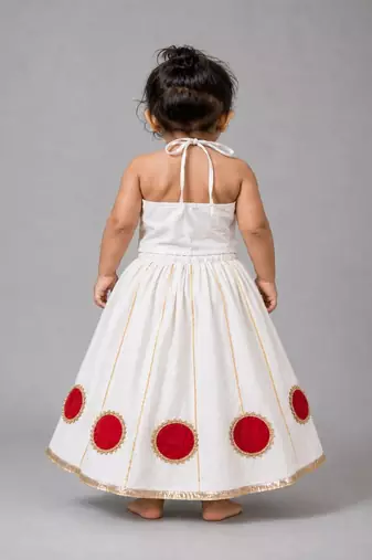 White cotton embroidered  patch work kids lehenga choli