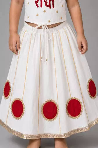 White cotton embroidered  patch work kids lehenga choli
