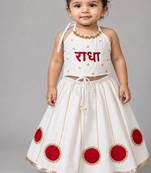White cotton embroidered  patch work kids lehenga choli