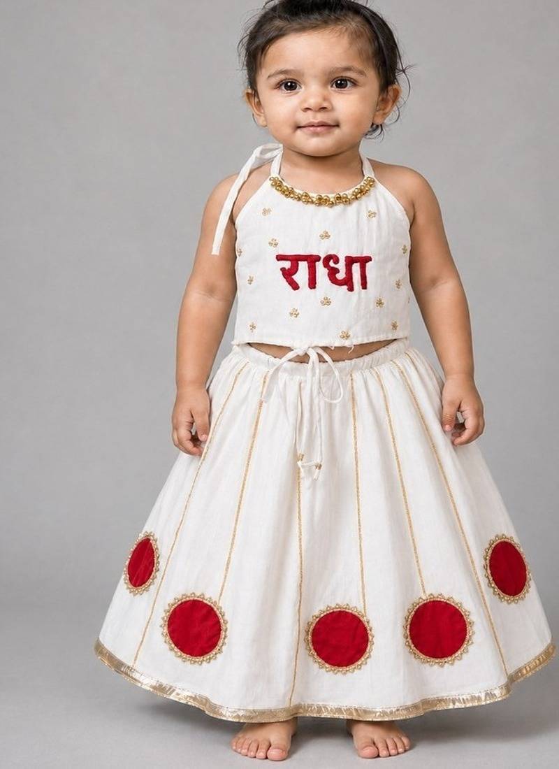 White cotton embroidered  patch work kids lehenga choli