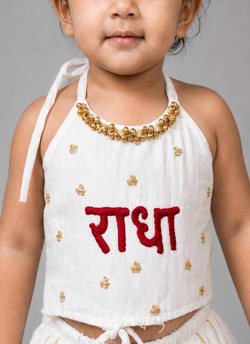 White cotton embroidered  patch work kids lehenga choli
