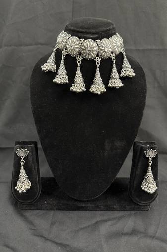 Oxidised Silver Floral Choker Necklace Set with Jhumka Earrings for Women, Traditional Navratri Garba Jewellery