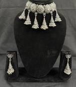 Oxidised Silver Floral Choker Necklace Set with Jhumka Earrings for Women, Traditional Navratri Garba Jewellery
