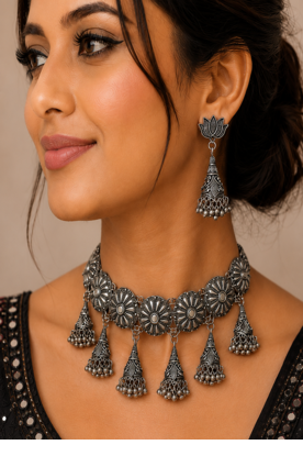 Oxidised Silver Floral Choker Necklace Set with Jhumka Earrings for Women, Traditional Navratri Garba Jewellery 2