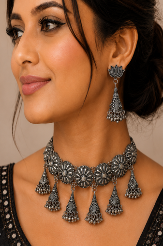 Oxidised Silver Floral Choker Necklace Set with Jhumka Earrings for Women, Traditional Navratri Garba Jewellery