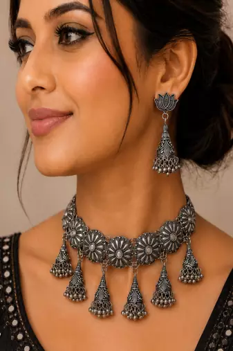 Oxidised Silver Floral Choker Necklace Set with Jhumka Earrings for Women, Traditional Navratri Garba Jewellery