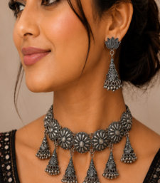 Oxidised Silver Floral Choker Necklace Set with Jhumka Earrings for Women, Traditional Navratri Garba Jewellery
