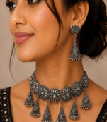 Oxidised Silver Floral Choker Necklace Set with Jhumka Earrings for Women, Traditional Navratri Garba Jewellery