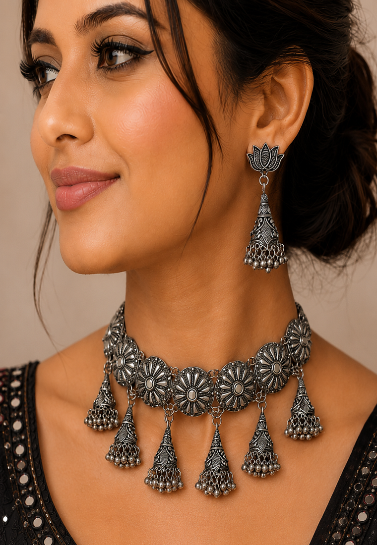 Oxidised Silver Floral Choker Necklace Set with Jhumka Earrings for Women, Traditional Navratri Garba Jewellery