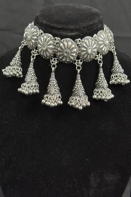 Oxidised Silver Floral Choker Necklace Set with Jhumka Earrings for Women, Traditional Navratri Garba Jewellery 3