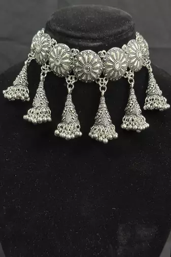 Oxidised Silver Floral Choker Necklace Set with Jhumka Earrings for Women, Traditional Navratri Garba Jewellery