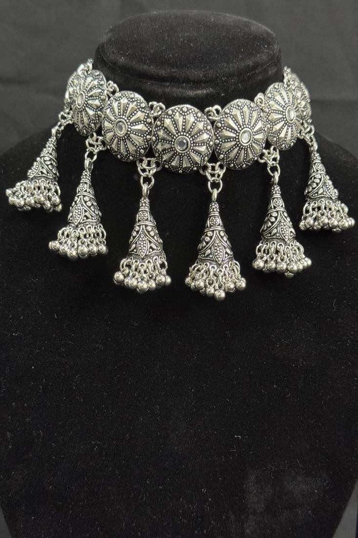Oxidised Silver Floral Choker Necklace Set with Jhumka Earrings for Women, Traditional Navratri Garba Jewellery