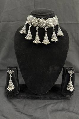 Oxidised Silver Floral Choker Necklace Set with Jhumka Earrings for Women, Traditional Navratri Garba Jewellery 5