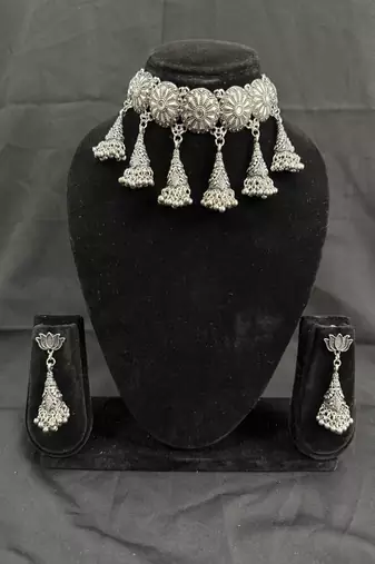 Oxidised Silver Floral Choker Necklace Set with Jhumka Earrings for Women, Traditional Navratri Garba Jewellery