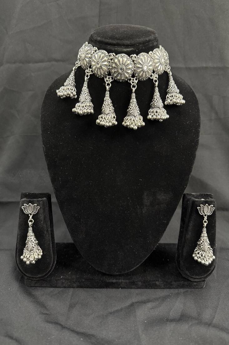 Oxidised Silver Floral Choker Necklace Set with Jhumka Earrings for Women, Traditional Navratri Garba Jewellery