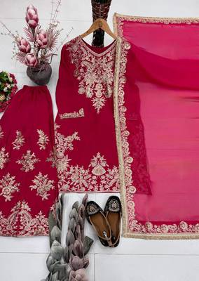 Rani Pink Color Embroidery And Sequance Work Silk Blend Salwar Suit 3