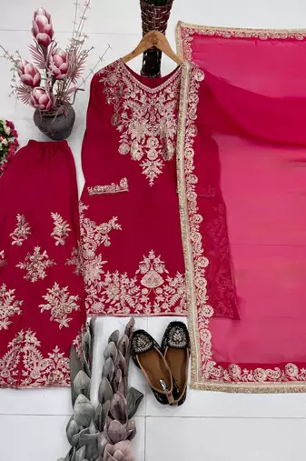 Rani Pink Color Embroidery And Sequance Work Silk Blend Salwar Suit