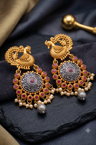 Antique Peacock Oxidized Jhumka Earrings with Ruby and Pearl