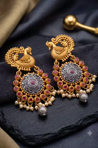 Antique Peacock Oxidized Jhumka Earrings with Ruby and Pearl