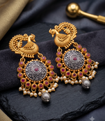 Antique Peacock Oxidized Jhumka Earrings with Ruby and Pearl