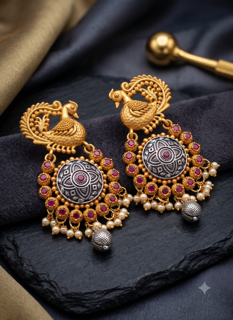 Antique Peacock Oxidized Jhumka Earrings with Ruby and Pearl