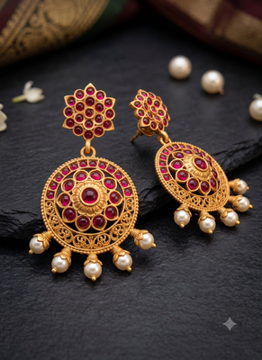 Antique Gold-Plated Kemp Ruby Jhumka Earrings with Pearl Drops 1