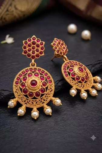 Antique Gold-Plated Kemp Ruby Jhumka Earrings with Pearl Drops
