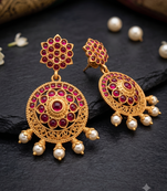 Antique Gold-Plated Kemp Ruby Jhumka Earrings with Pearl Drops