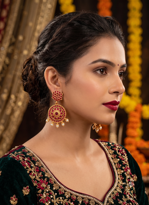 Antique Gold-Plated Kemp Ruby Jhumka Earrings with Pearl Drops 2