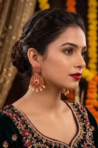 Antique Gold-Plated Kemp Ruby Jhumka Earrings with Pearl Drops
