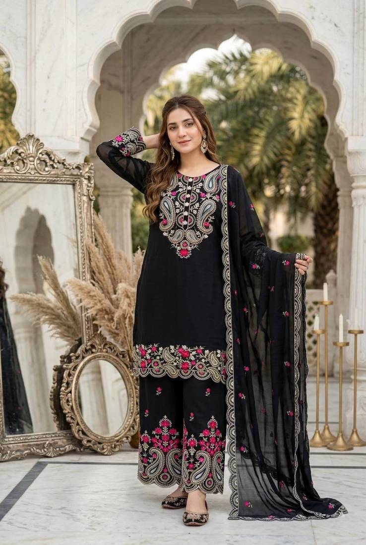 Black Color Sequance And Embroidery Work Silk Blend Salwar Suit
